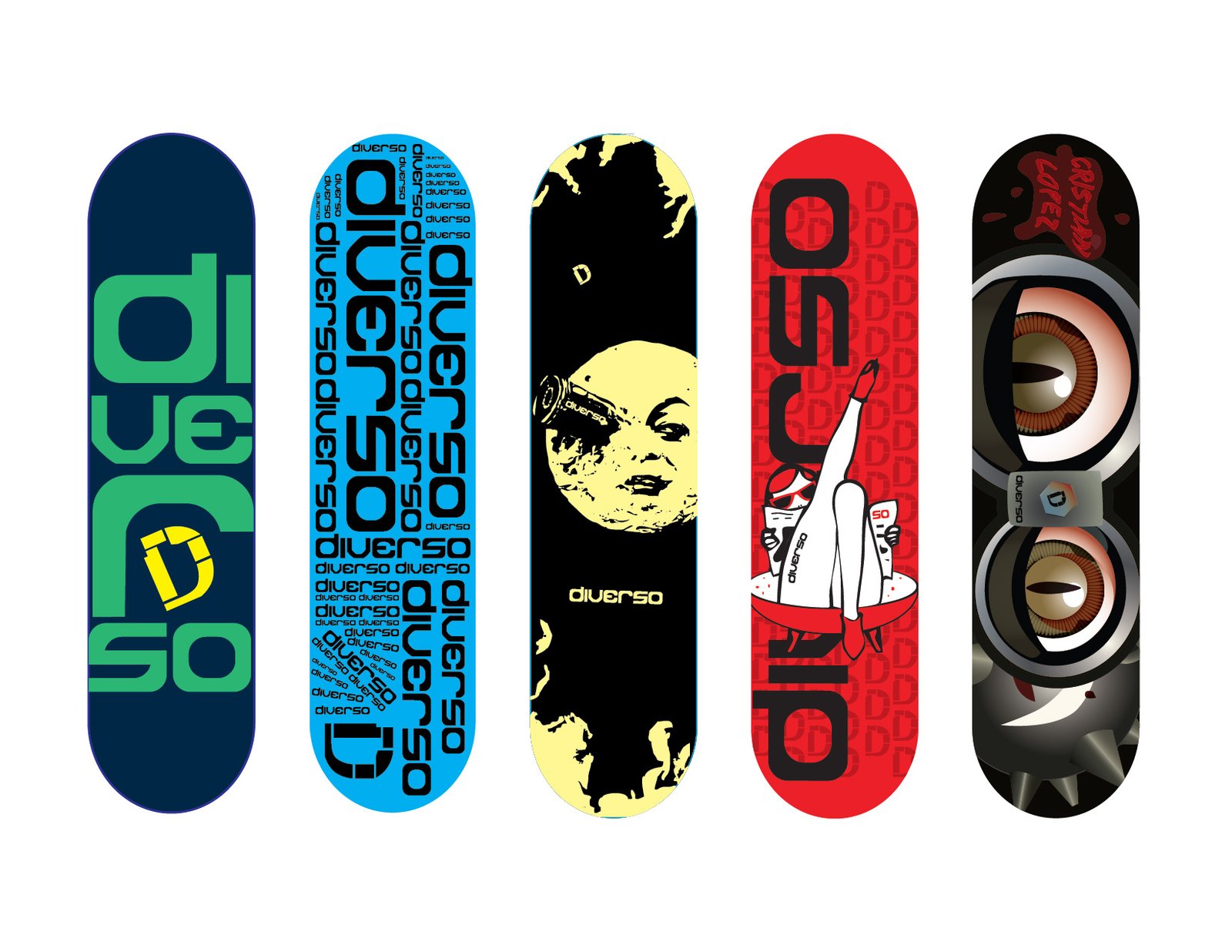 DVRSO skateboard deck samples displayed together